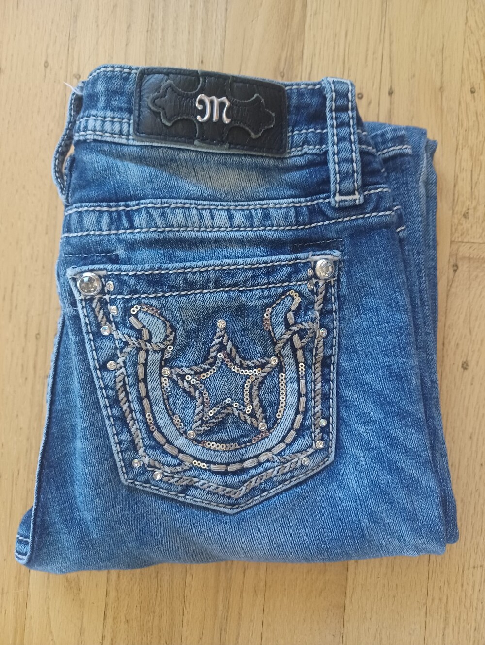 🐴💙❄️ MISS ME HORSESHOE SEQUIN RHINESTONE CHLOE BOOTCUT JEANS 29×34